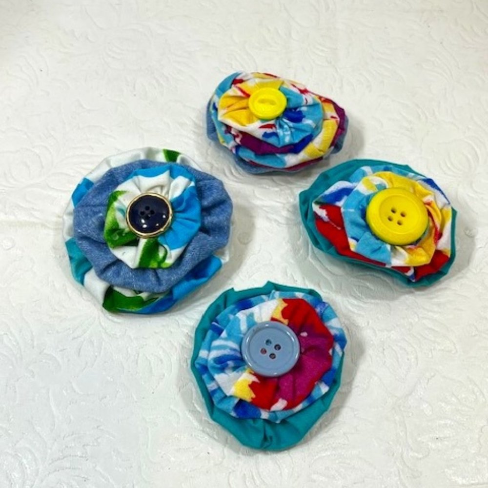 Set of 4 Handmade Fabric Flower Unique Magnets Fridge Office Locker NEW 2.5"